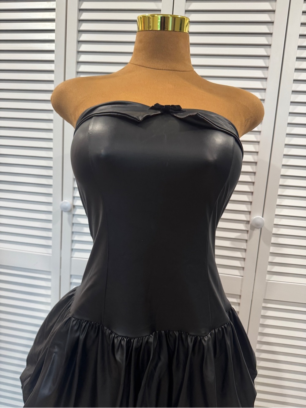 Strapless Black Vegan Leather Fit-and-Flare Dress